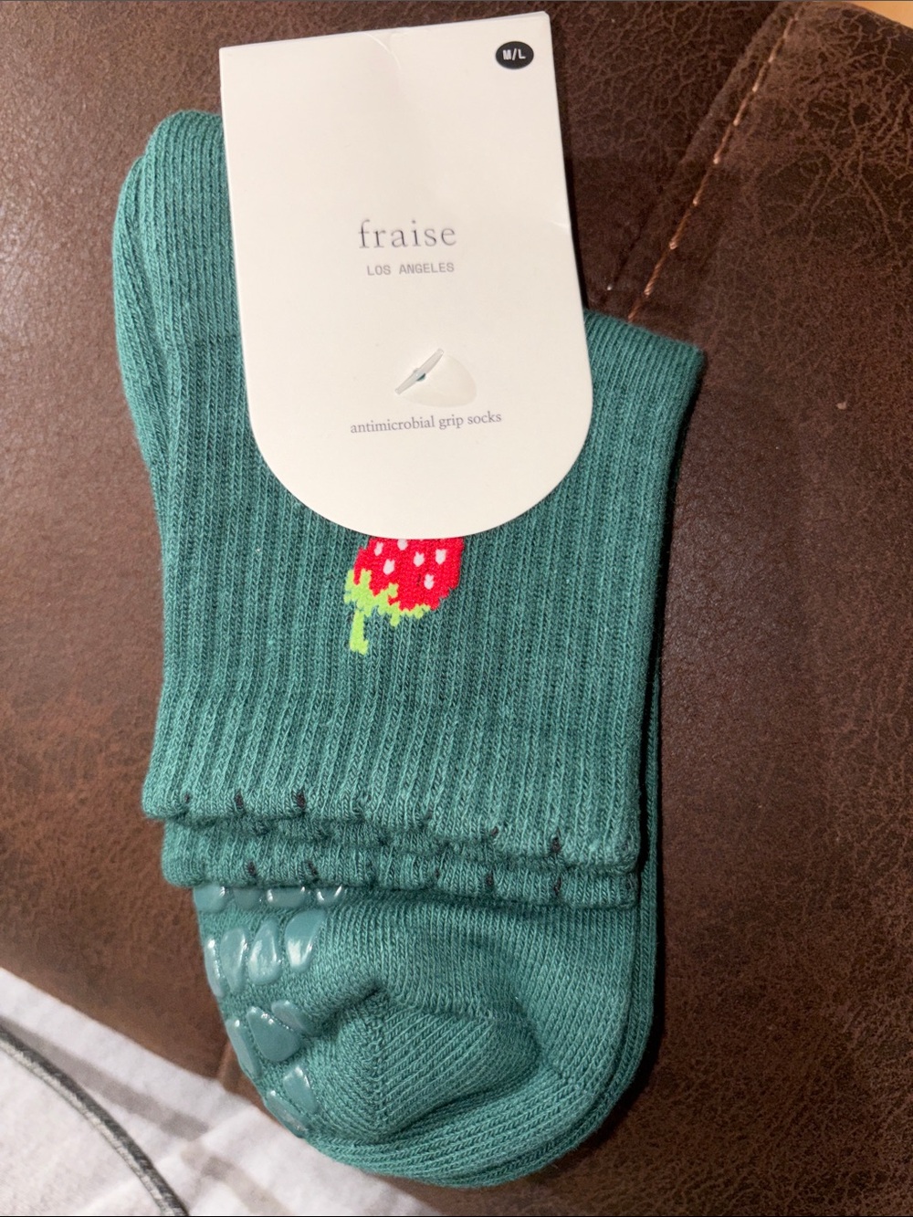 Fraise Green Women’s Antimicrobial Grip Socks with Strawberry Accent